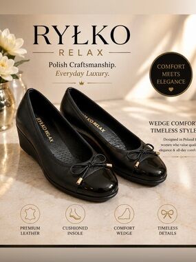 RYŁKO Relax Black Wedge Ballet Flats with Bow